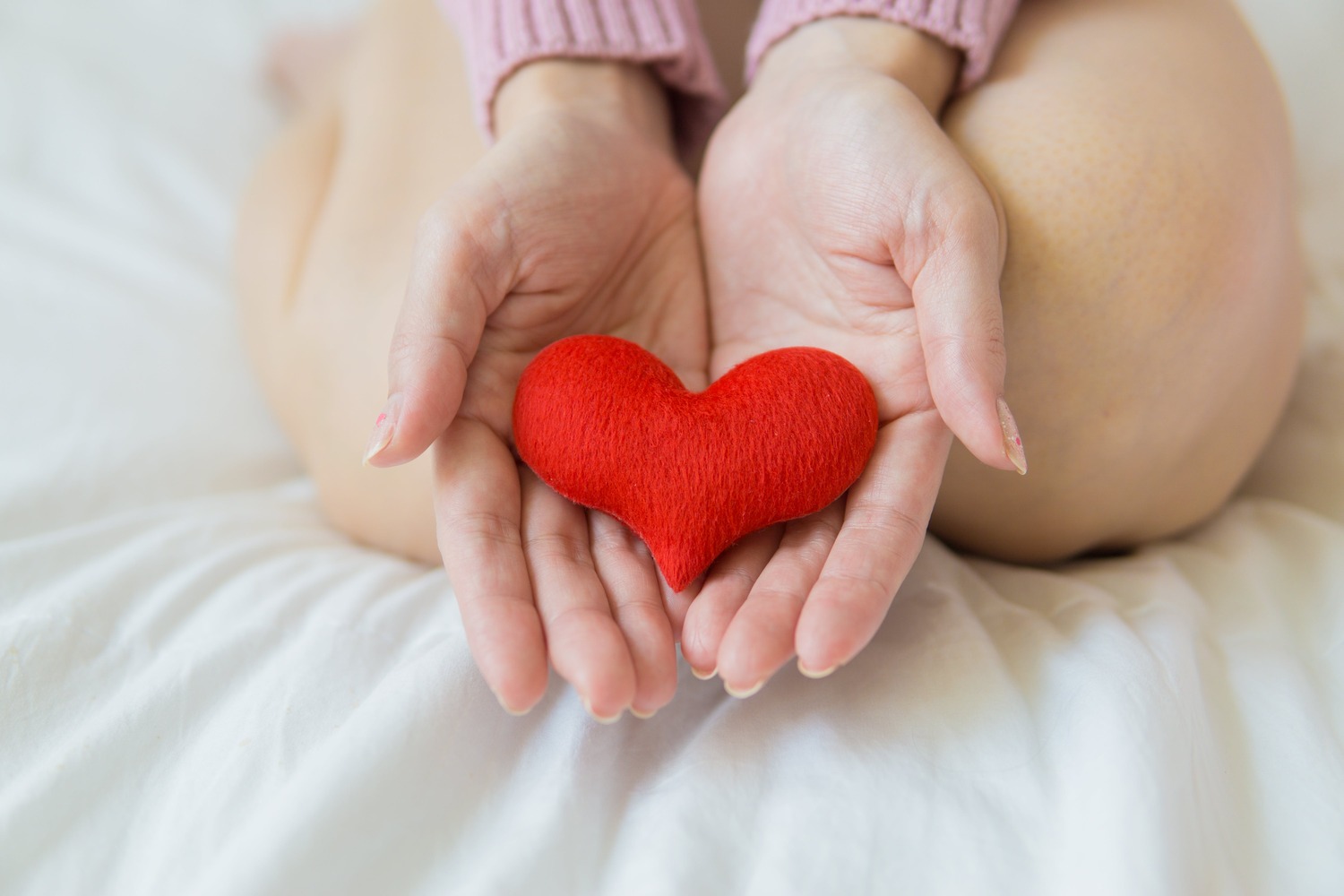 A person showing a heart plush lying between their hands